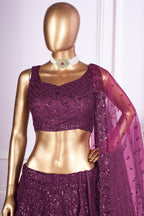 Wine Net Lehenga Choli For Indian & Pakistani Wedding Festival - Sequins & Thread Embroidery Work