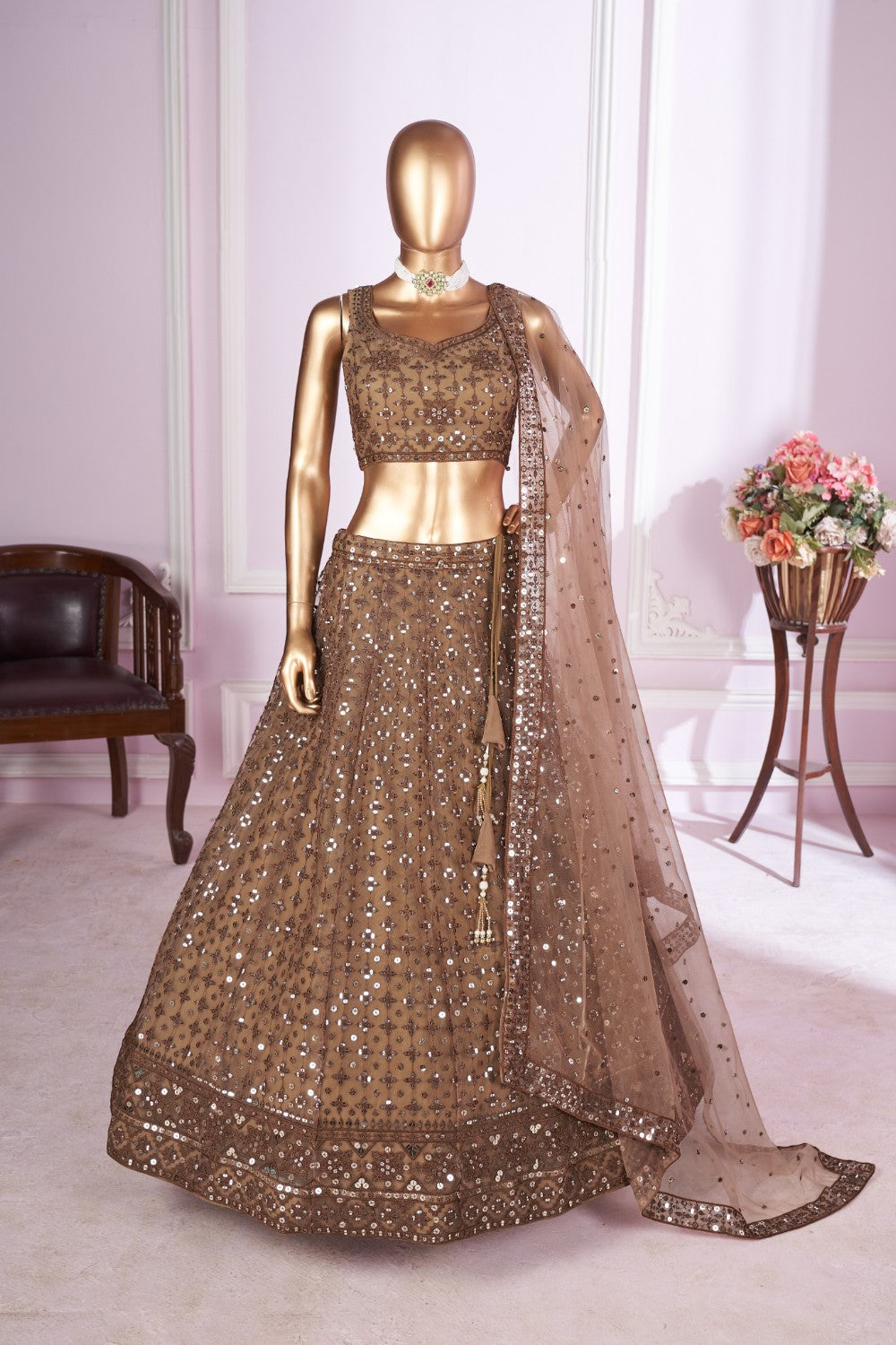 Brown Net Lehenga Choli For Indian & Pakistani Wedding Festival - Sequins & Thread Embroidery Work