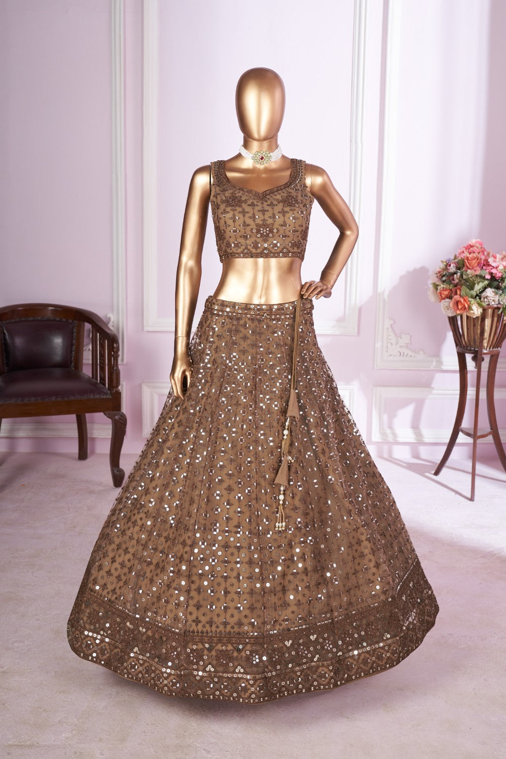 Brown Net Lehenga Choli For Indian & Pakistani Wedding Festival - Sequins & Thread Embroidery Work
