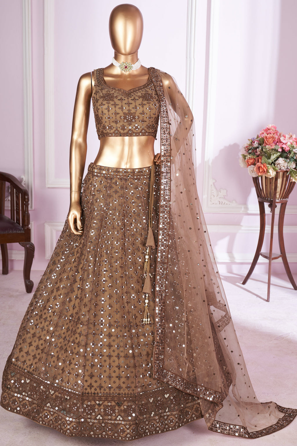 Brown Net Lehenga Choli For Indian & Pakistani Wedding Festival - Sequins & Thread Embroidery Work