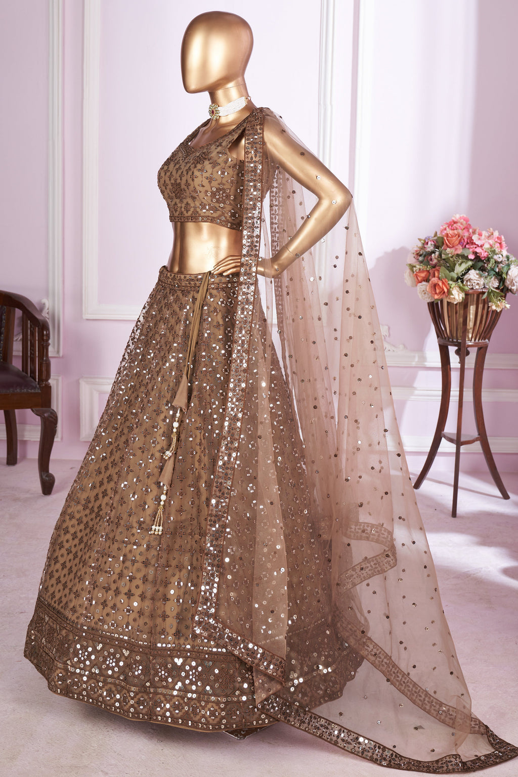 Brown Net Lehenga Choli For Indian & Pakistani Wedding Festival - Sequins & Thread Embroidery Work