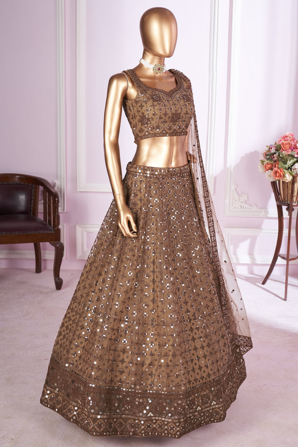 Brown Net Lehenga Choli For Indian & Pakistani Wedding Festival - Sequins & Thread Embroidery Work