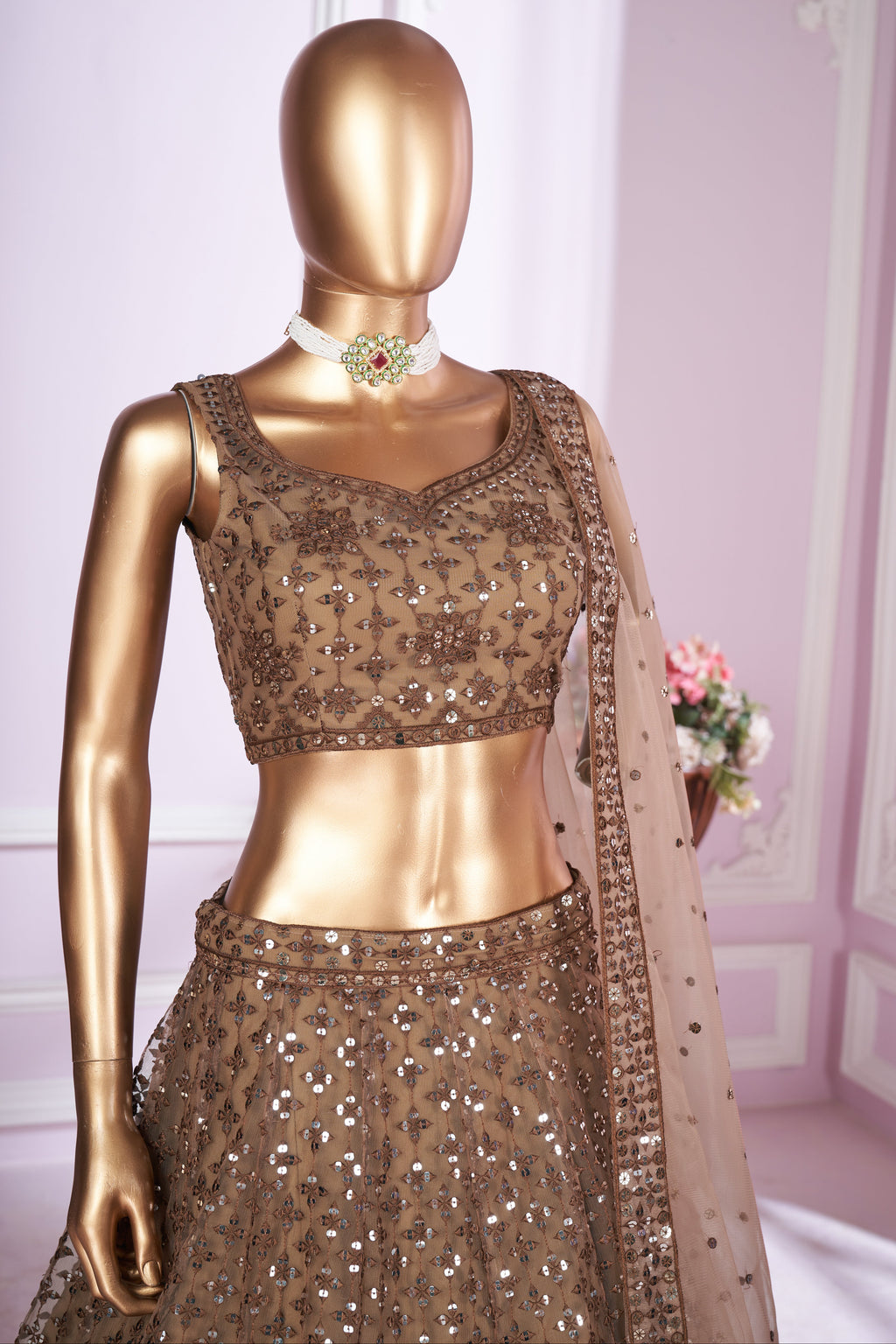 Brown Net Lehenga Choli For Indian & Pakistani Wedding Festival - Sequins & Thread Embroidery Work