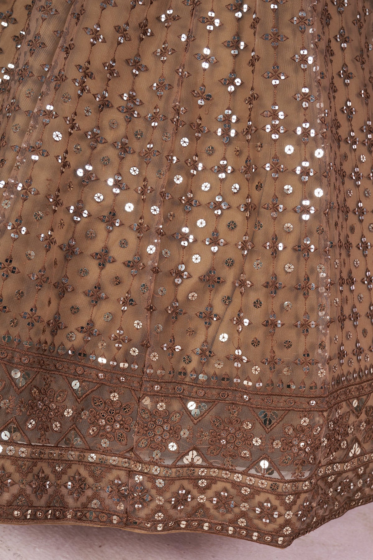 Brown Net Lehenga Choli For Indian & Pakistani Wedding Festival - Sequins & Thread Embroidery Work