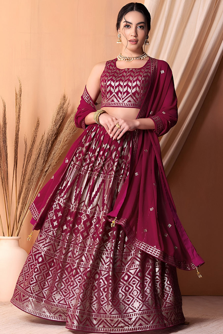 Rani Georgette Lehenga Choli with Thread and Sequins Embroidery Work