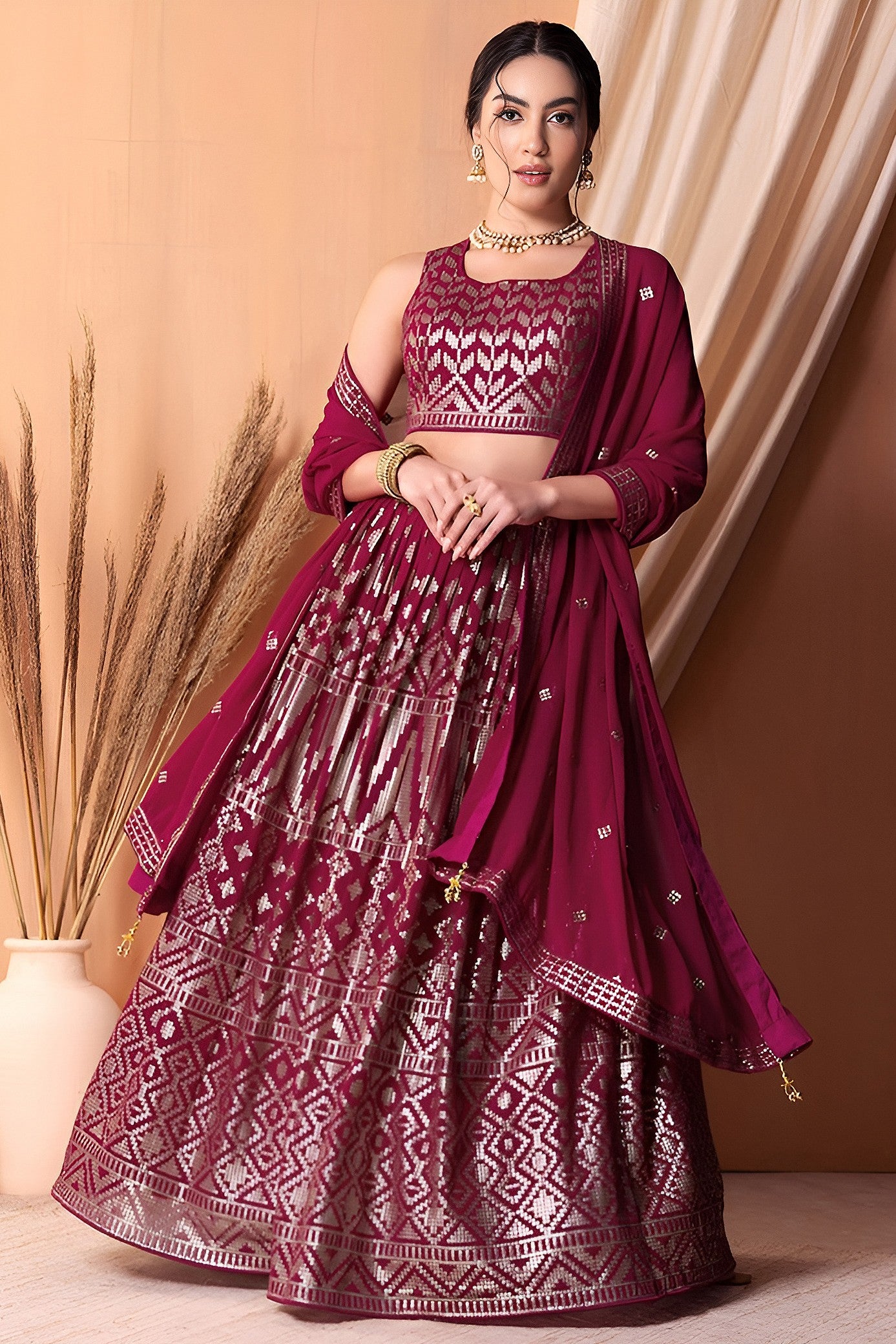 Wine Georgette Lehenga Choli with Thread and Sequins Embroidery Work
