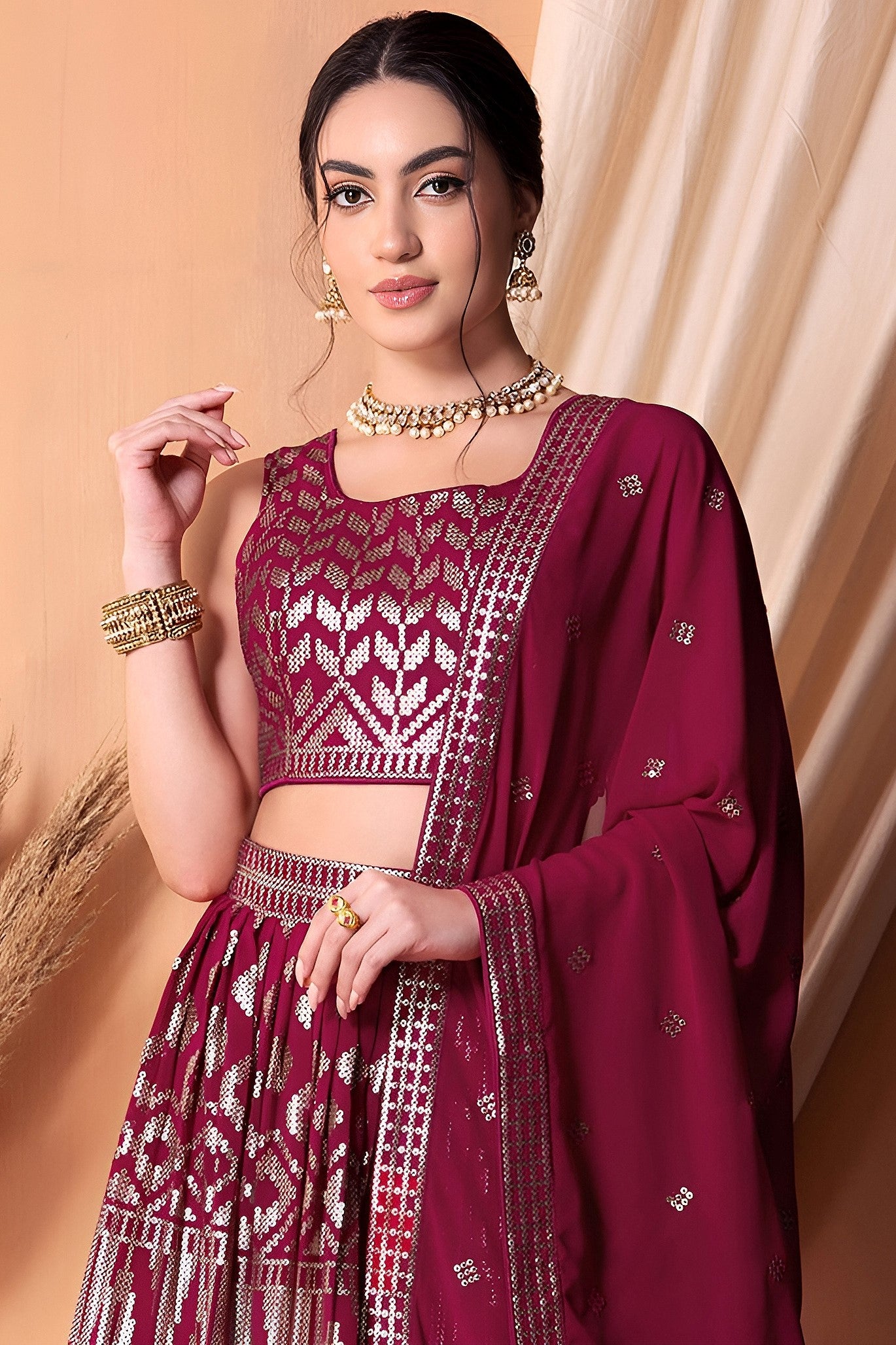 Rani Georgette Lehenga Choli with Thread and Sequins Embroidery Work