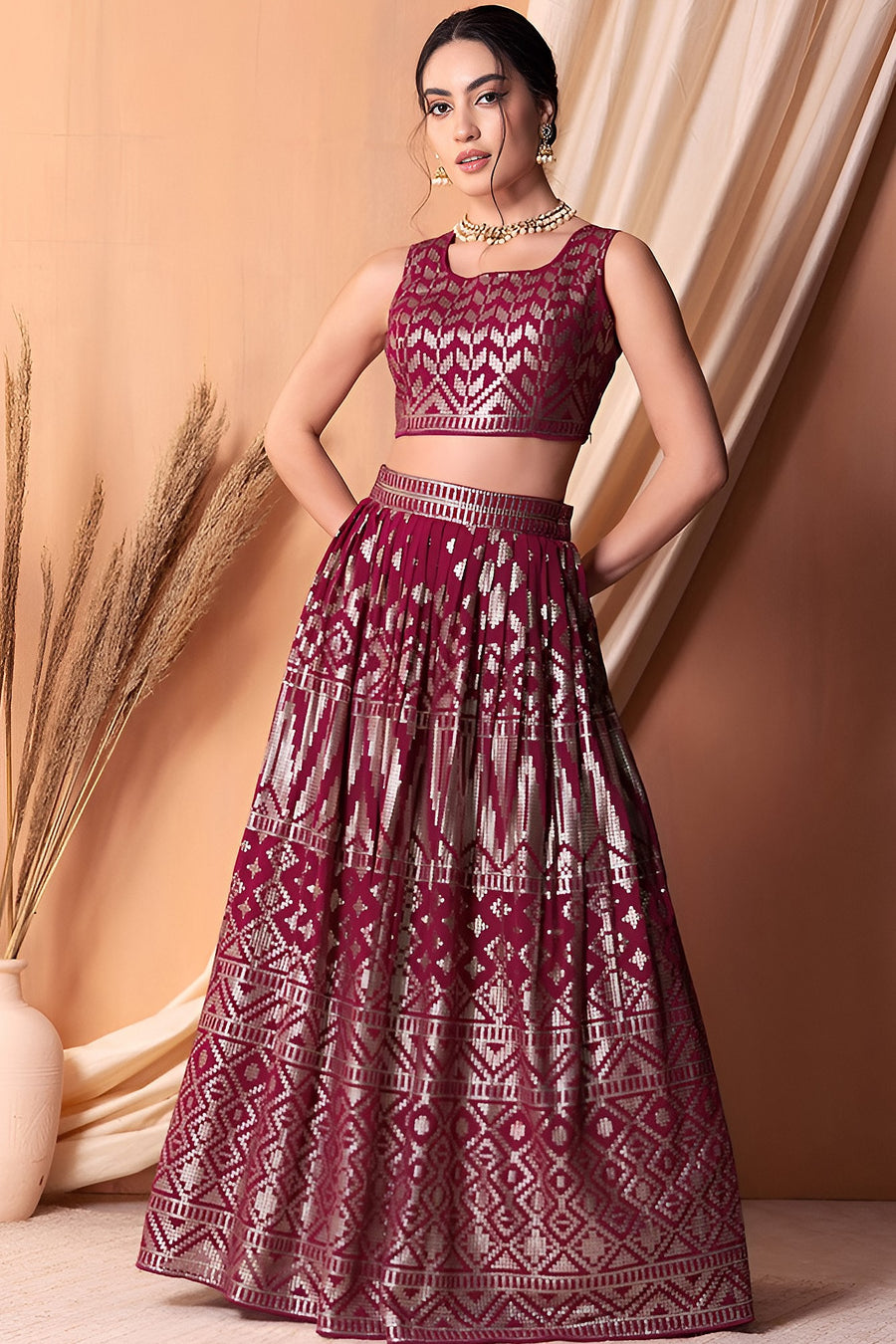 Rani Georgette Lehenga Choli with Thread and Sequins Embroidery Work