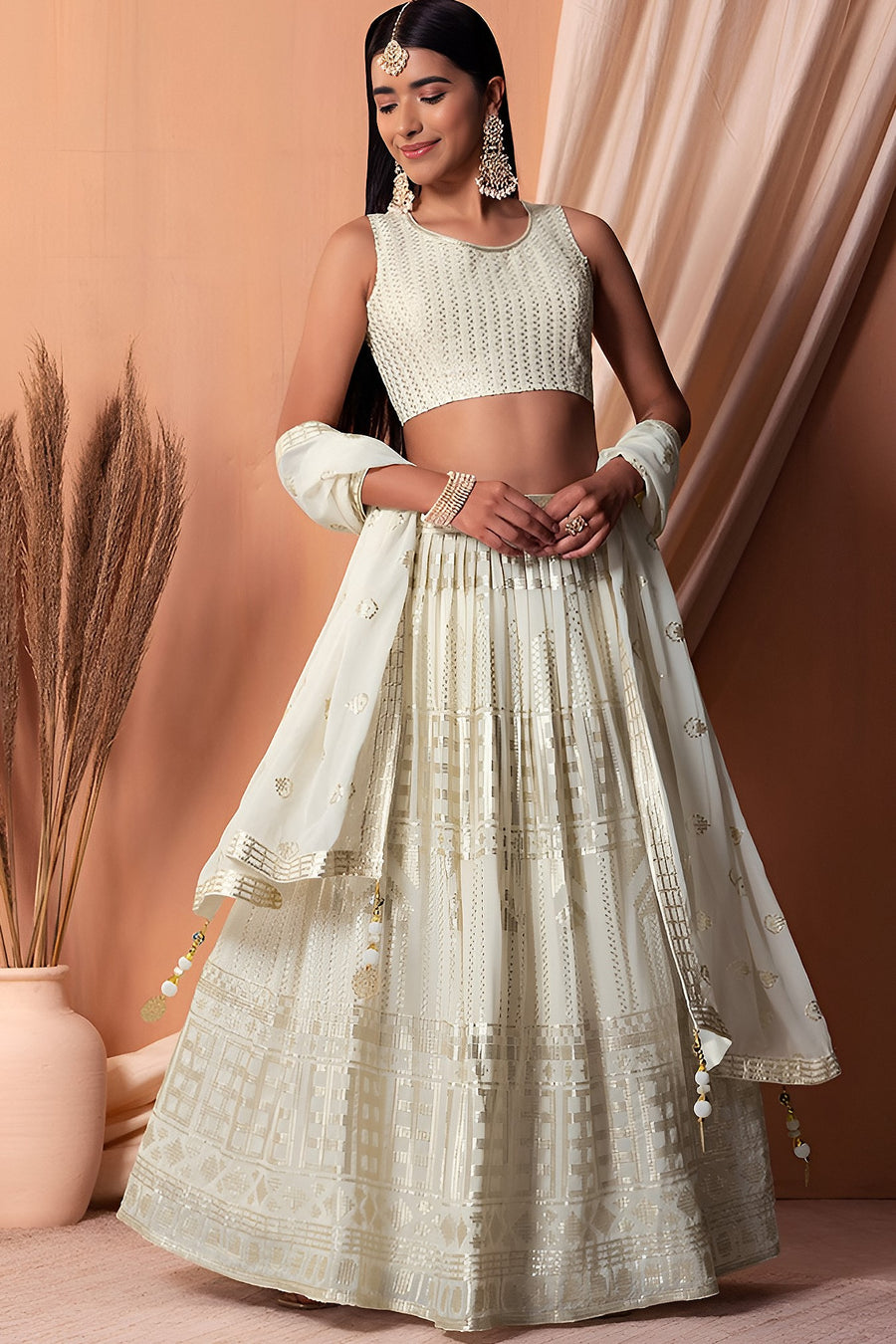 White Georgette Lehenga Choli with Thread and Sequins Embroidery