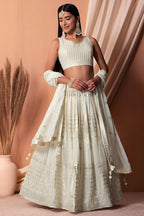White Georgette Lehenga Choli with Thread and Sequins Embroidery