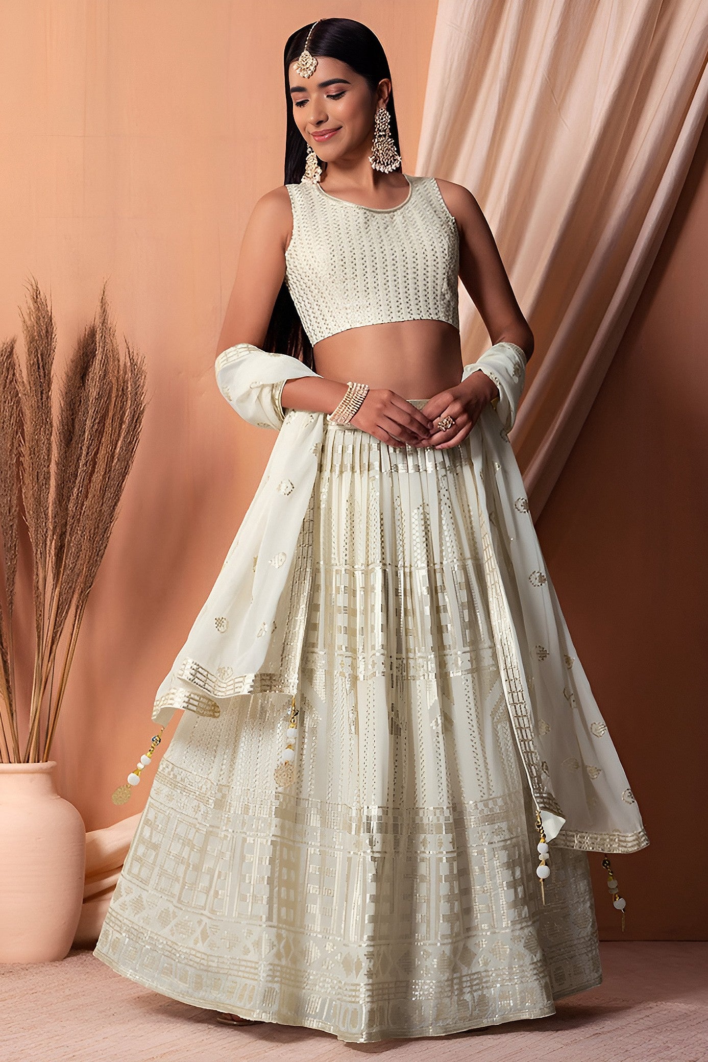 White Georgette Lehenga Choli with Thread and Sequins Embroidery