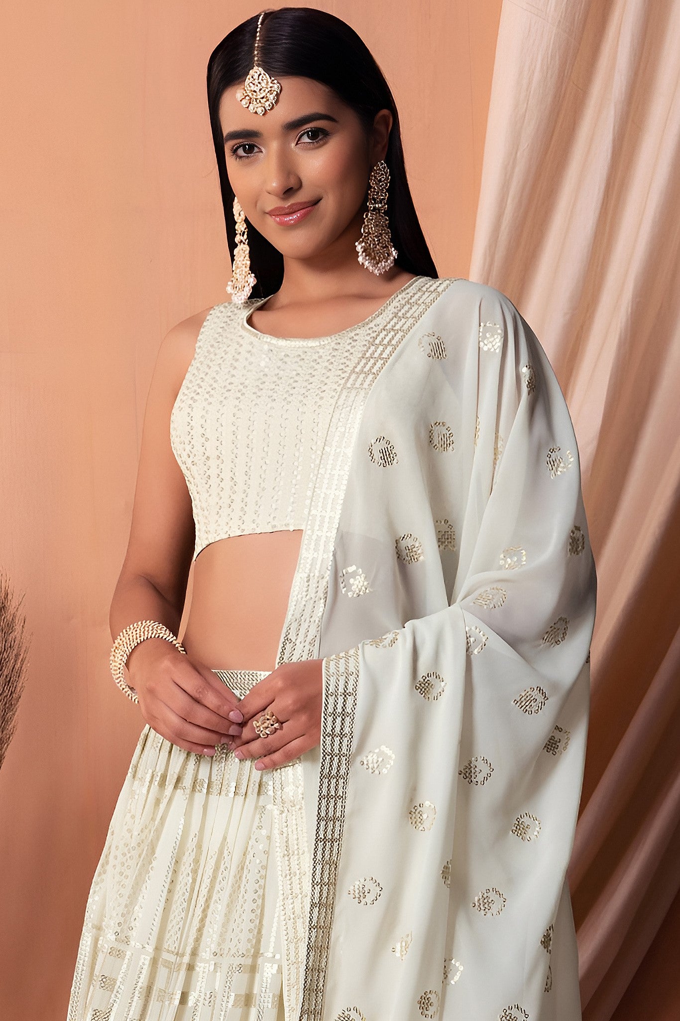 White Georgette Lehenga Choli with Thread and Sequins Embroidery