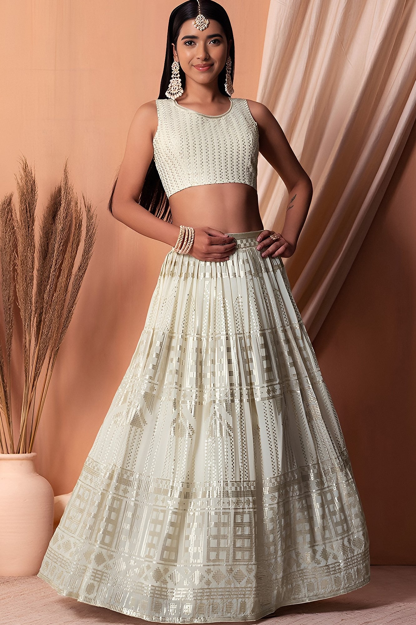 White Georgette Lehenga Choli with Thread and Sequins Embroidery
