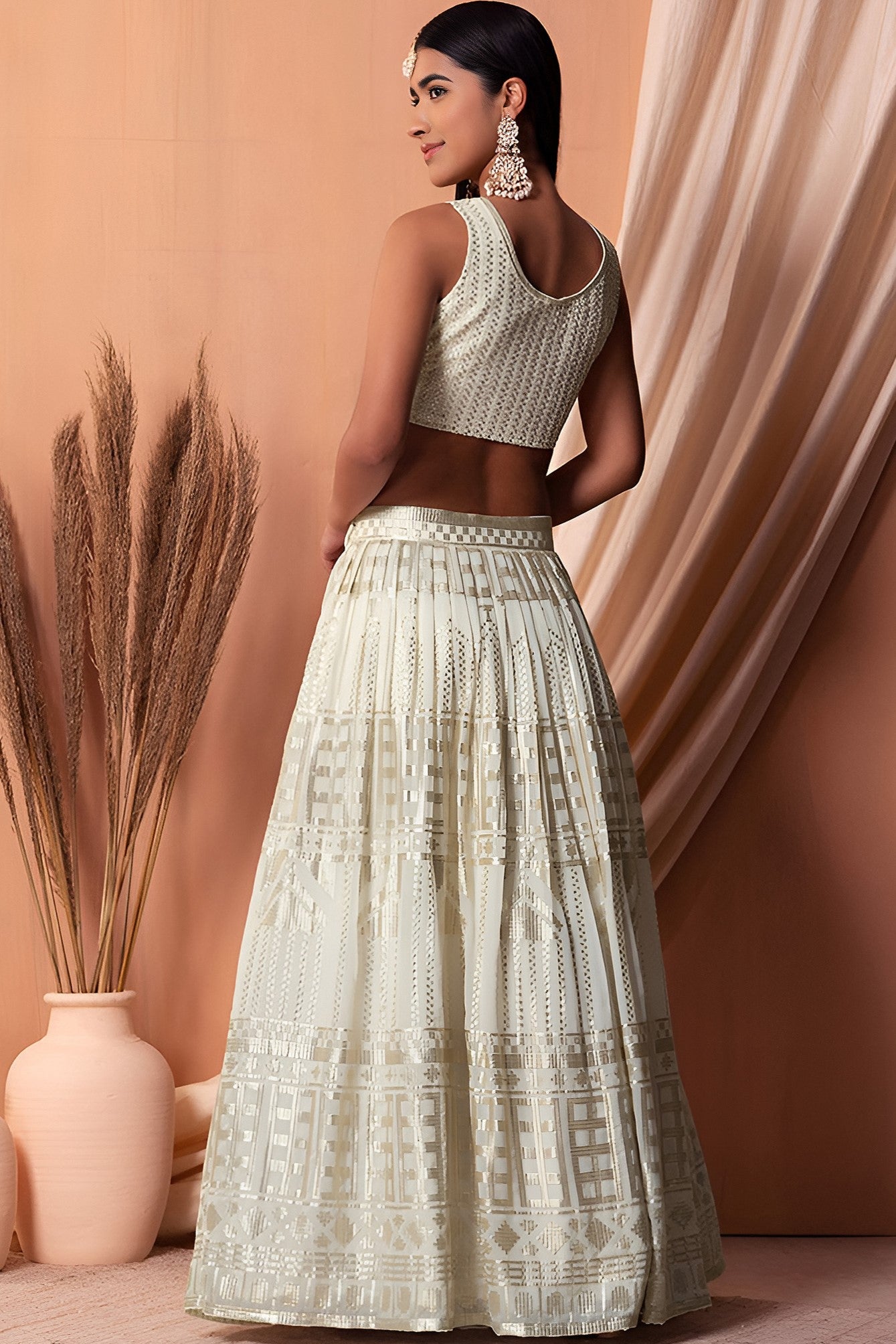White Georgette Lehenga Choli with Thread and Sequins Embroidery