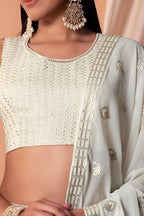White Georgette Lehenga Choli with Thread and Sequins Embroidery