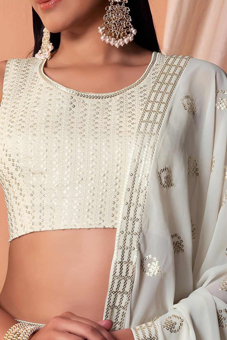 White Georgette Lehenga Choli with Thread and Sequins Embroidery