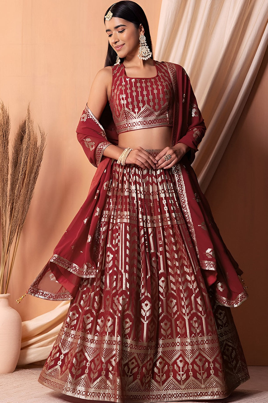 Maroon Georgette Lehenga Choli with Thread and Sequins Embroidery Work