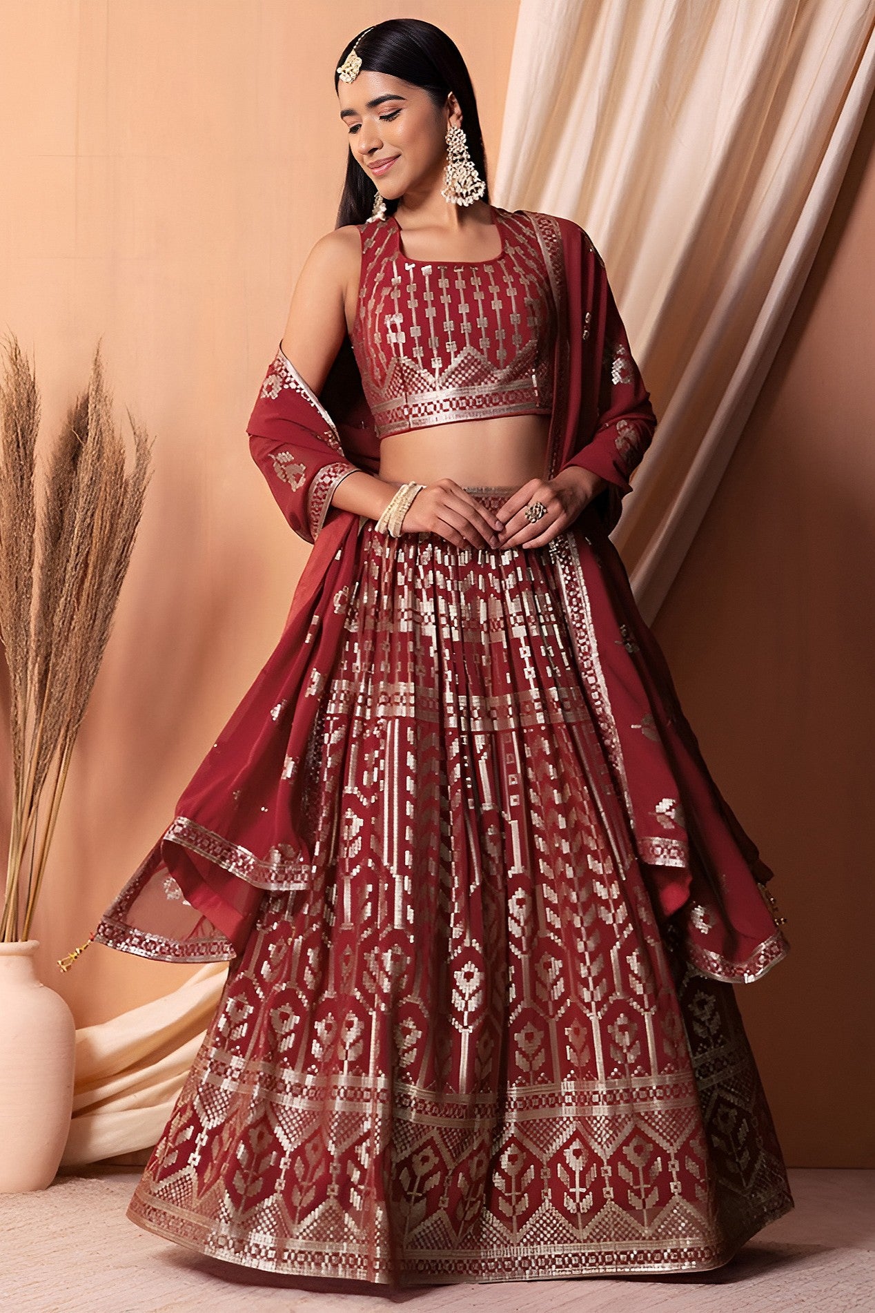 Maroon Georgette Lehenga Choli with Thread and Sequins Embroidery Work