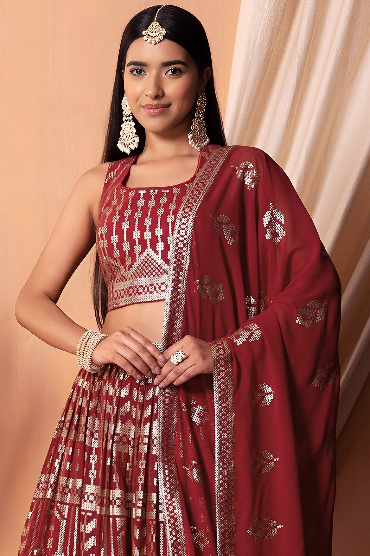 Maroon Georgette Lehenga Choli with Thread and Sequins Embroidery Work