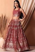 Maroon Georgette Lehenga Choli with Thread and Sequins Embroidery Work