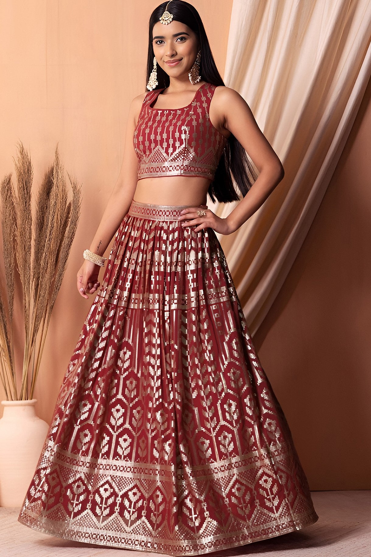 Maroon Georgette Lehenga Choli with Thread and Sequins Embroidery Work