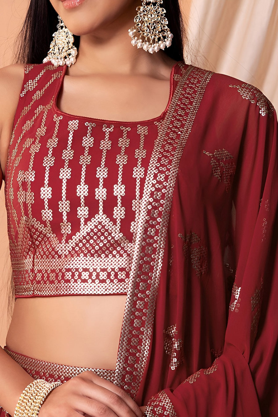 Maroon Georgette Lehenga Choli with Thread and Sequins Embroidery Work