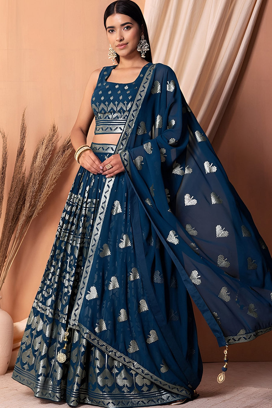 Blue Georgette Lehenga Choli with Thread and Sequins Embroidery