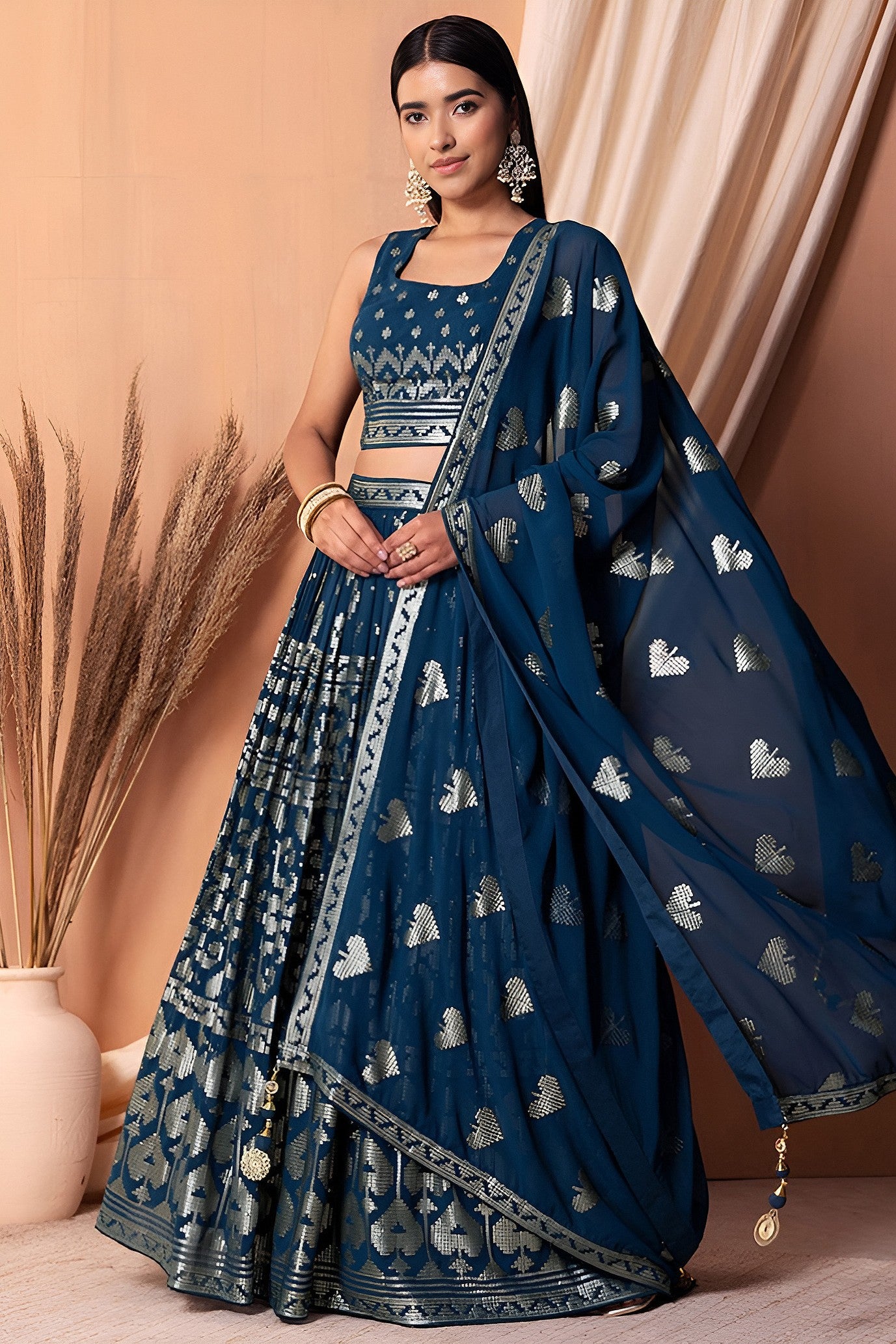 Navy Blue Georgette Lehenga Choli with Thread and Sequins Embroidery