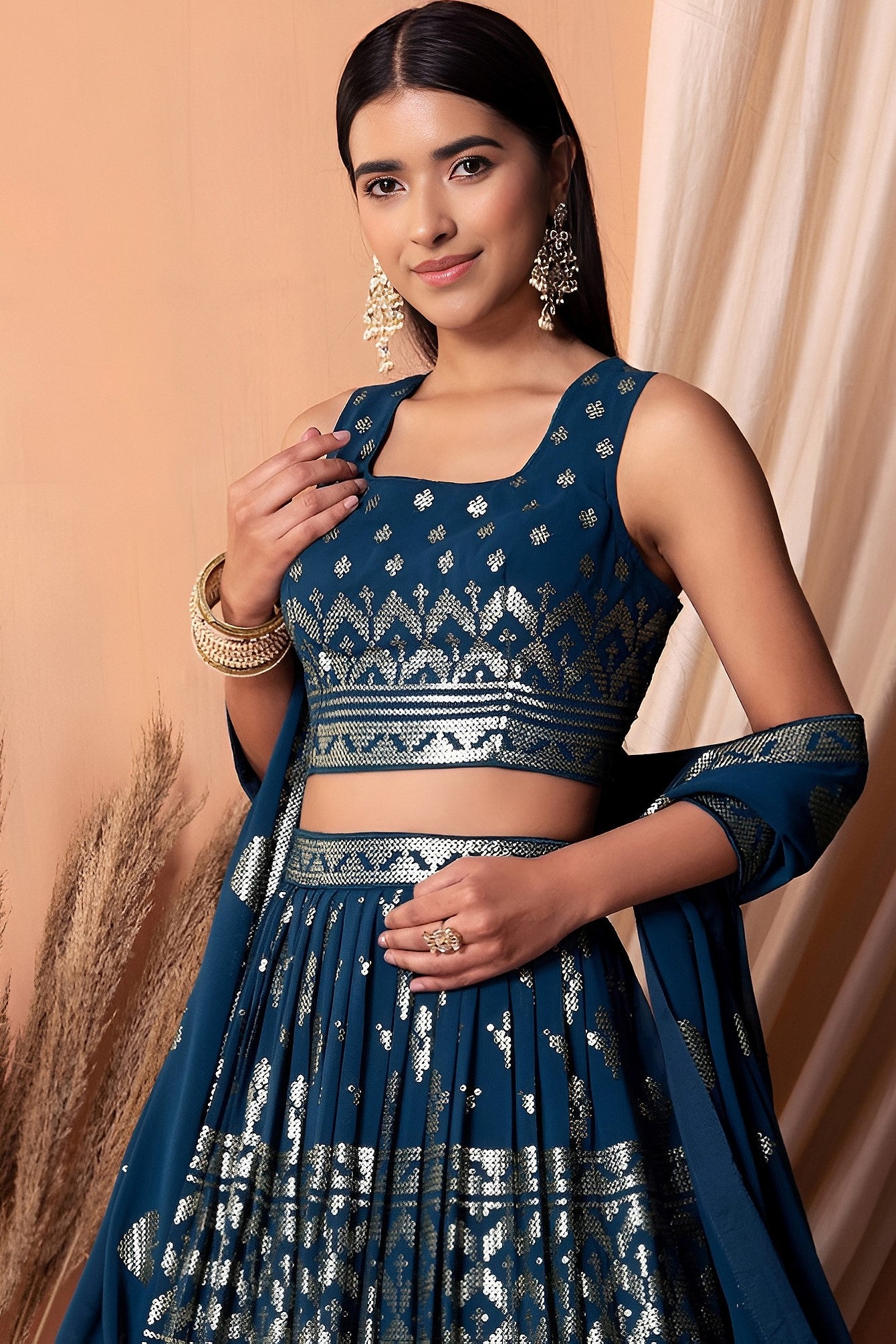 Blue Georgette Lehenga Choli with Thread and Sequins Embroidery
