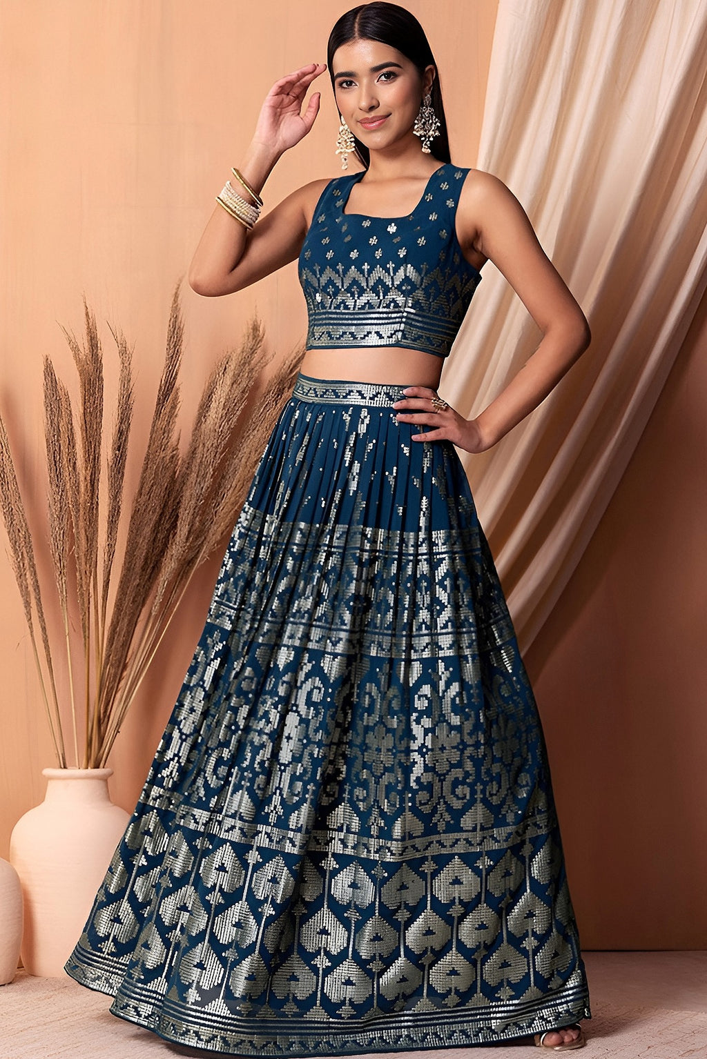 Blue Georgette Lehenga Choli with Thread and Sequins Embroidery