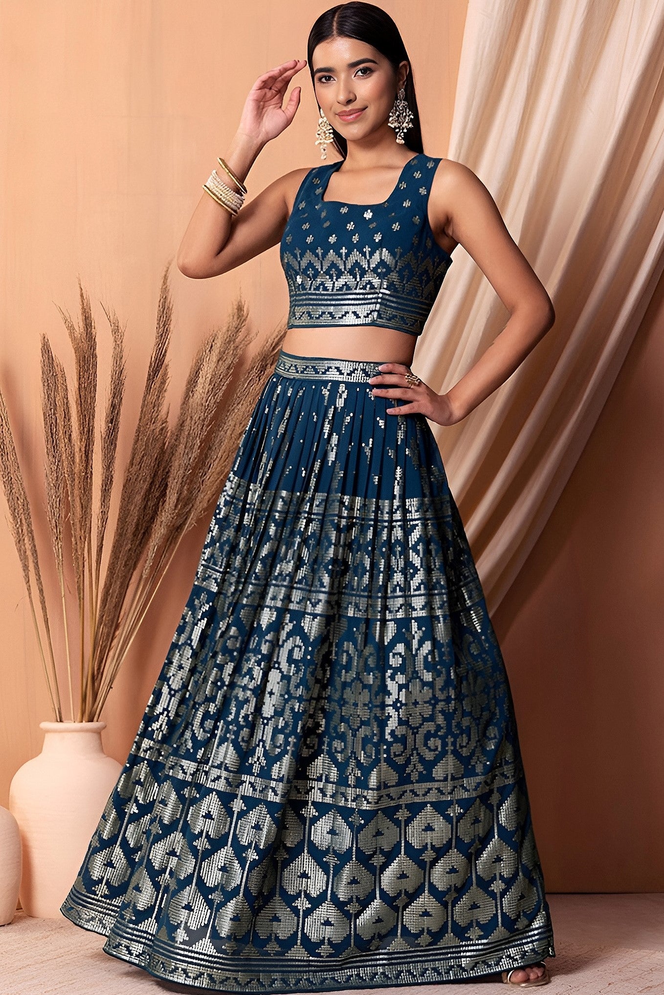 Blue Georgette Lehenga Choli with Thread and Sequins Embroidery