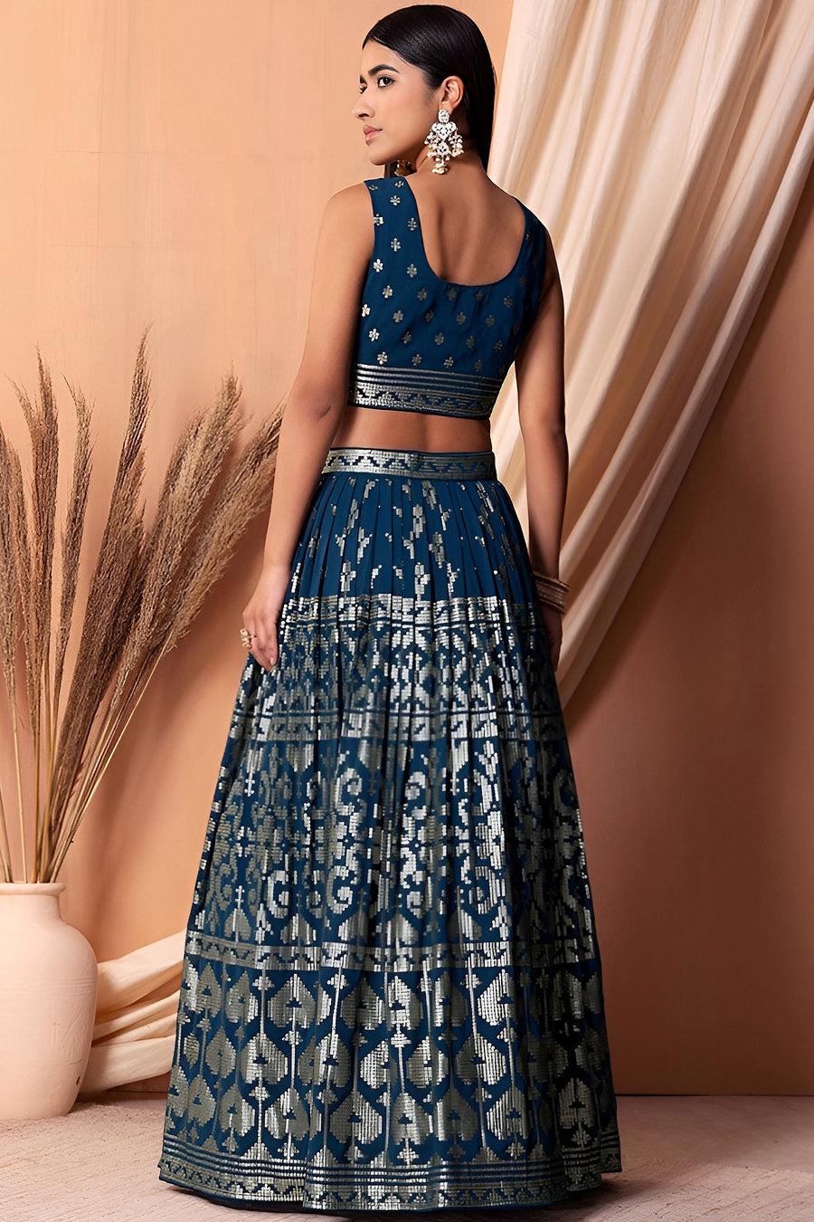 Blue Georgette Lehenga Choli with Thread and Sequins Embroidery