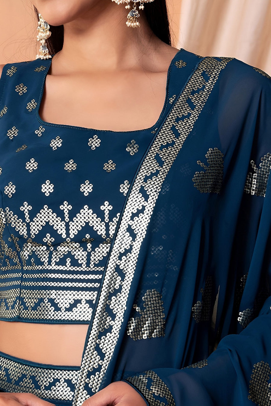 Blue Georgette Lehenga Choli with Thread and Sequins Embroidery