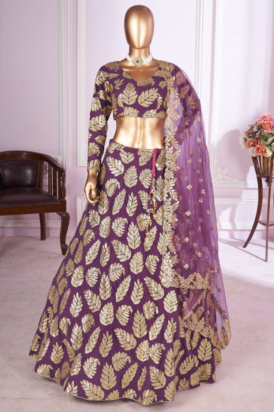 Purple Georgette Lehenga Choli For Indian & Pakistani Wedding Festival - Sequins & Thread Embroidery Work, Zari Work