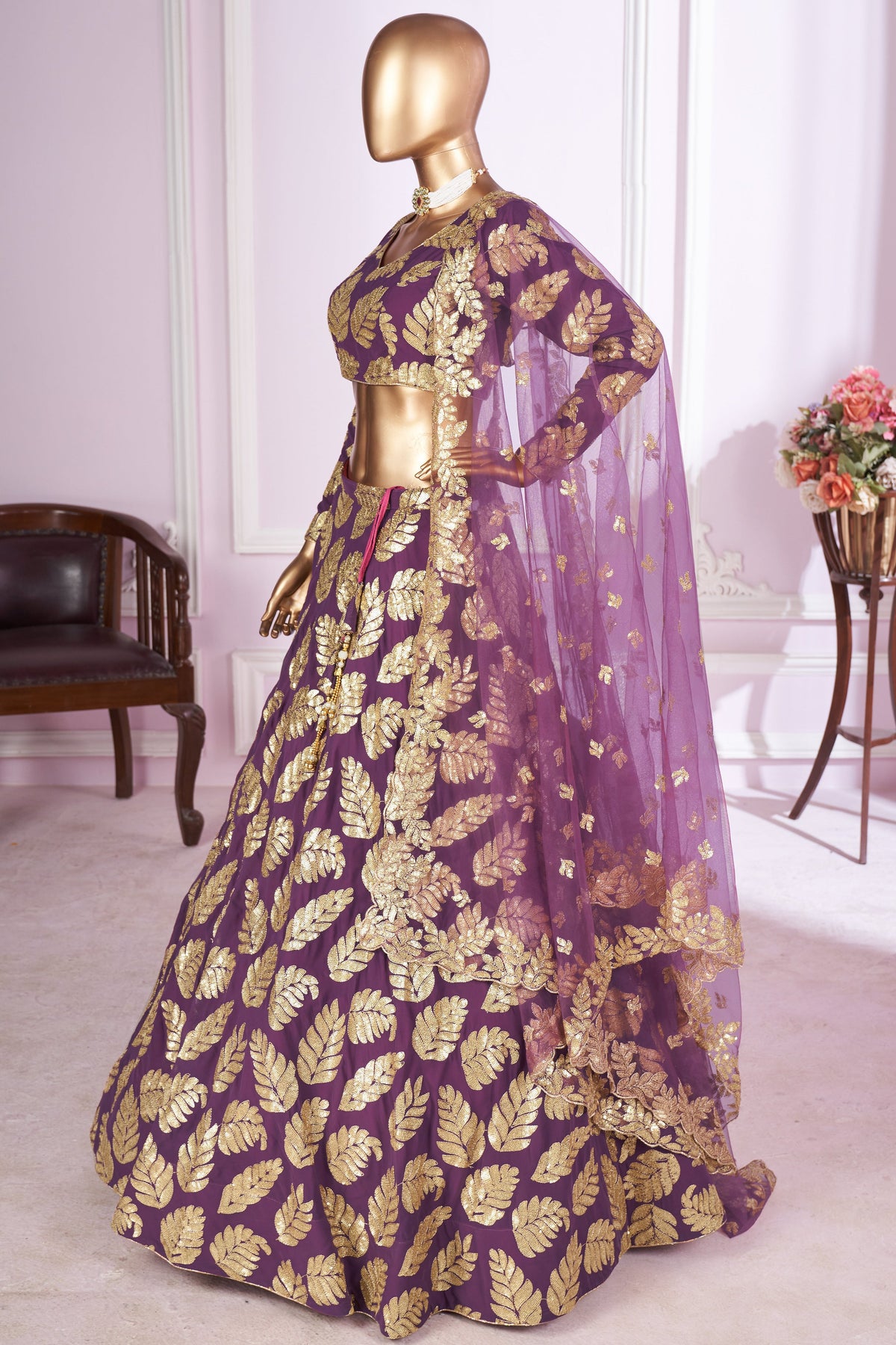 Purple Georgette Lehenga Choli For Indian & Pakistani Wedding Festival - Sequins & Thread Embroidery Work, Zari Work