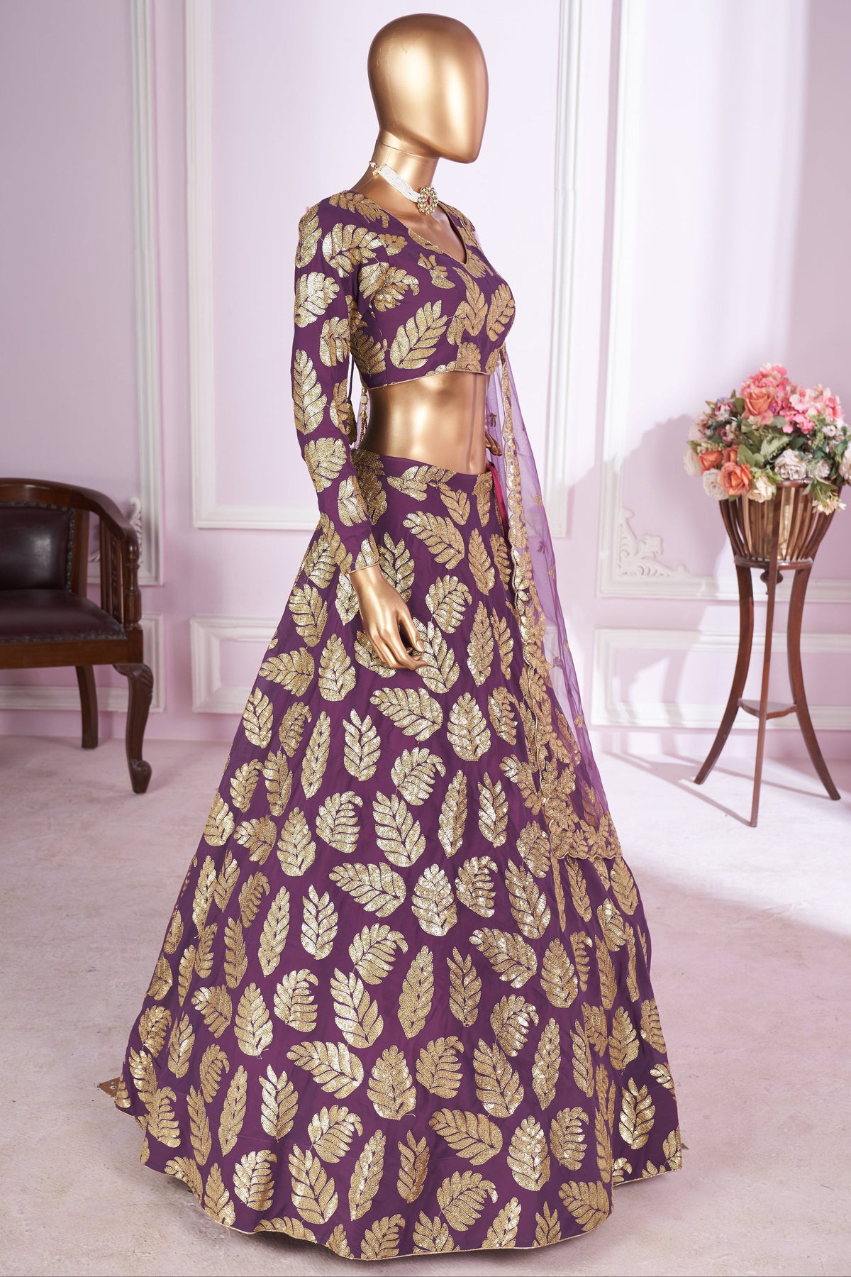 Purple Georgette Lehenga Choli For Indian & Pakistani Wedding Festival - Sequins & Thread Embroidery Work, Zari Work