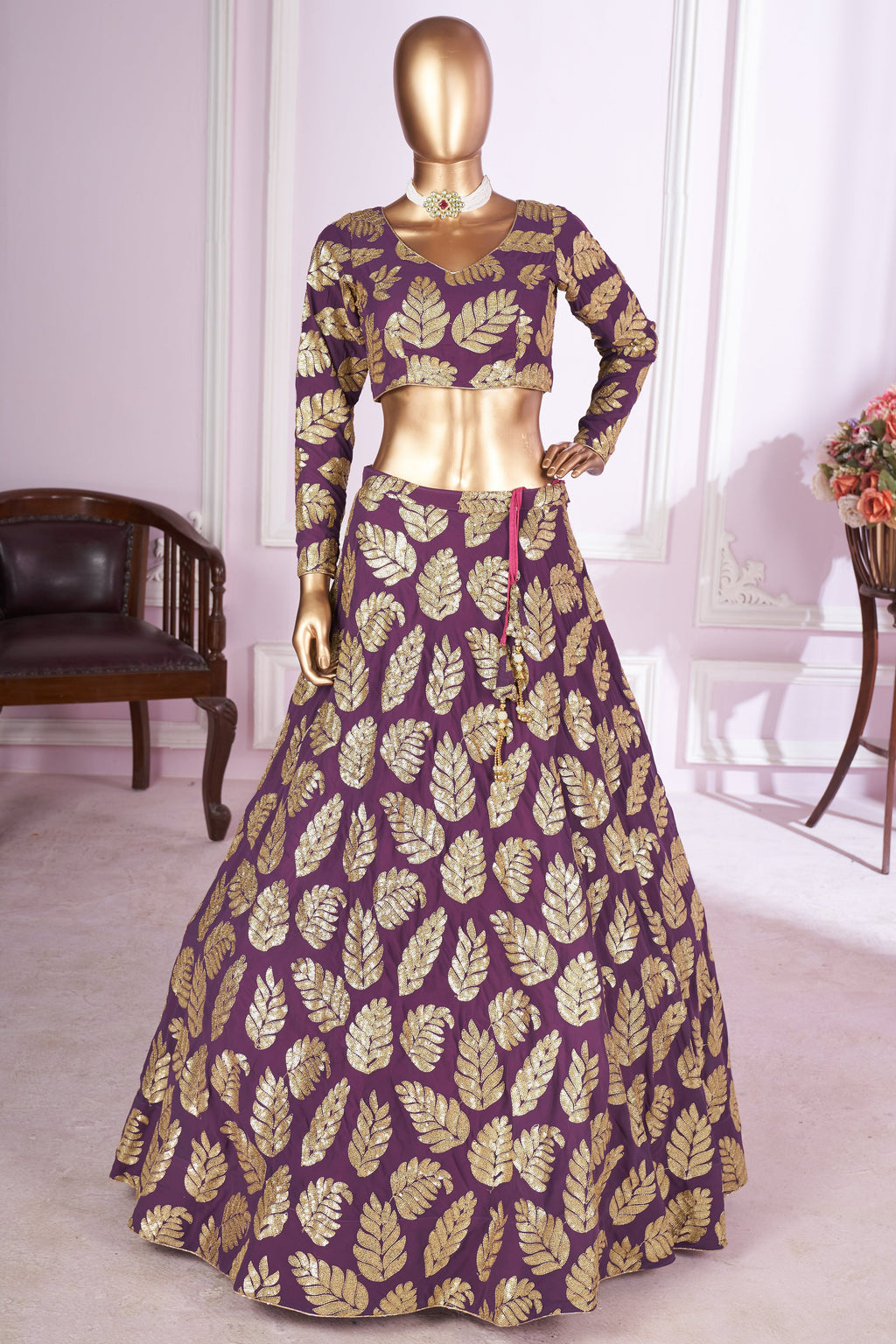 Purple Georgette Lehenga Choli For Indian & Pakistani Wedding Festival - Sequins & Thread Embroidery Work, Zari Work