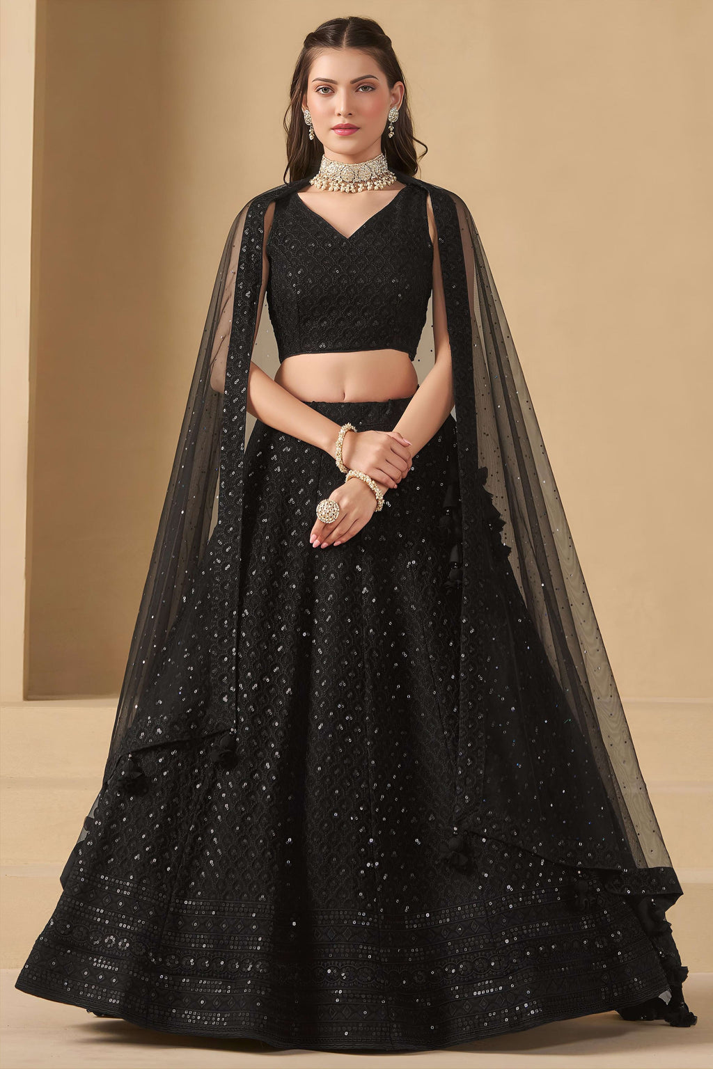 Black Georgette Lehenga Choli For Indian & Pakistani Wedding Festival - Sequins & Thread Embroidery Work