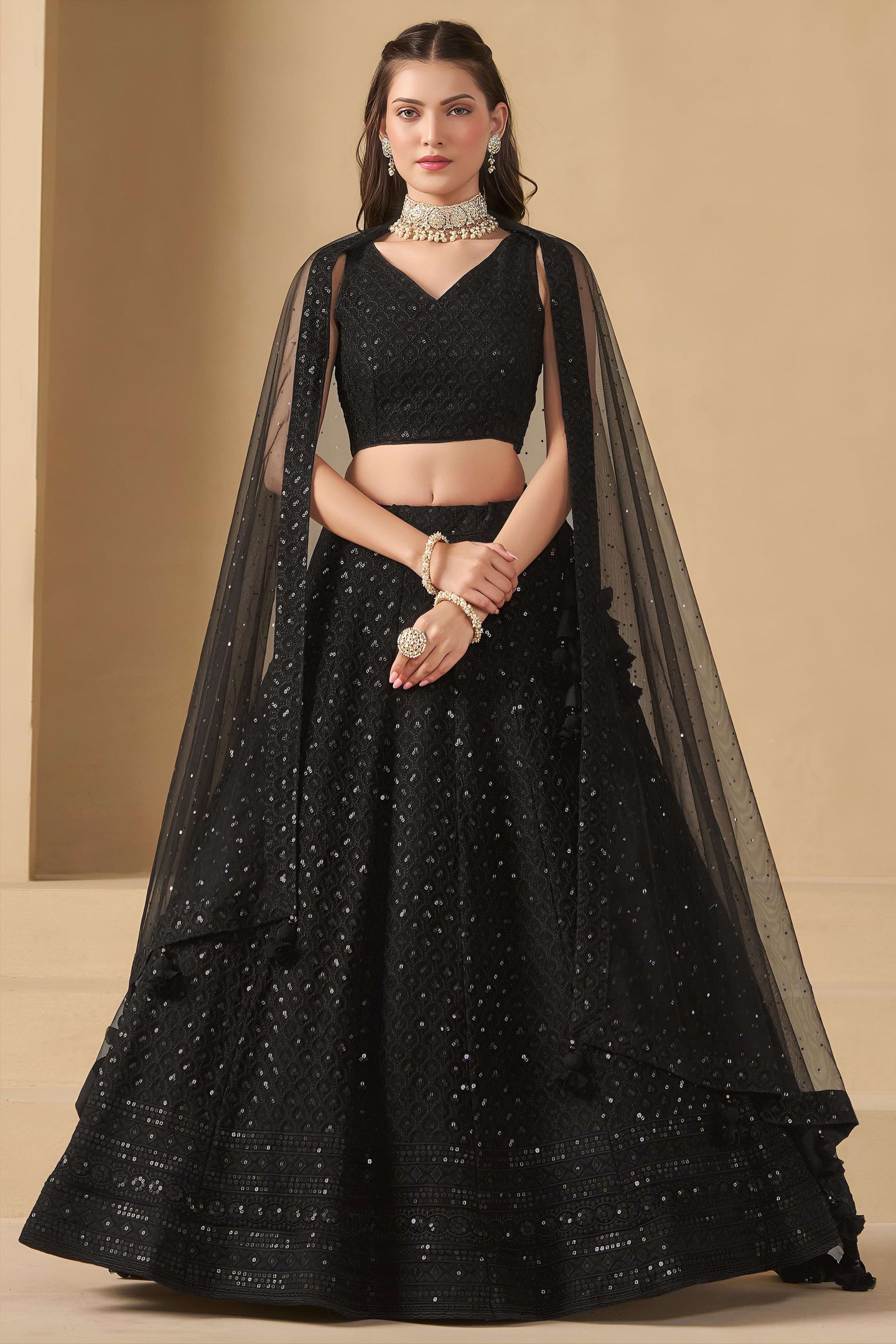 Black Georgette Lehenga Choli For Indian & Pakistani Wedding Festival - Sequins & Thread Embroidery Work