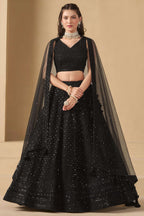 Black Georgette Lehenga Choli For Indian & Pakistani Wedding Festival - Sequins & Thread Embroidery Work