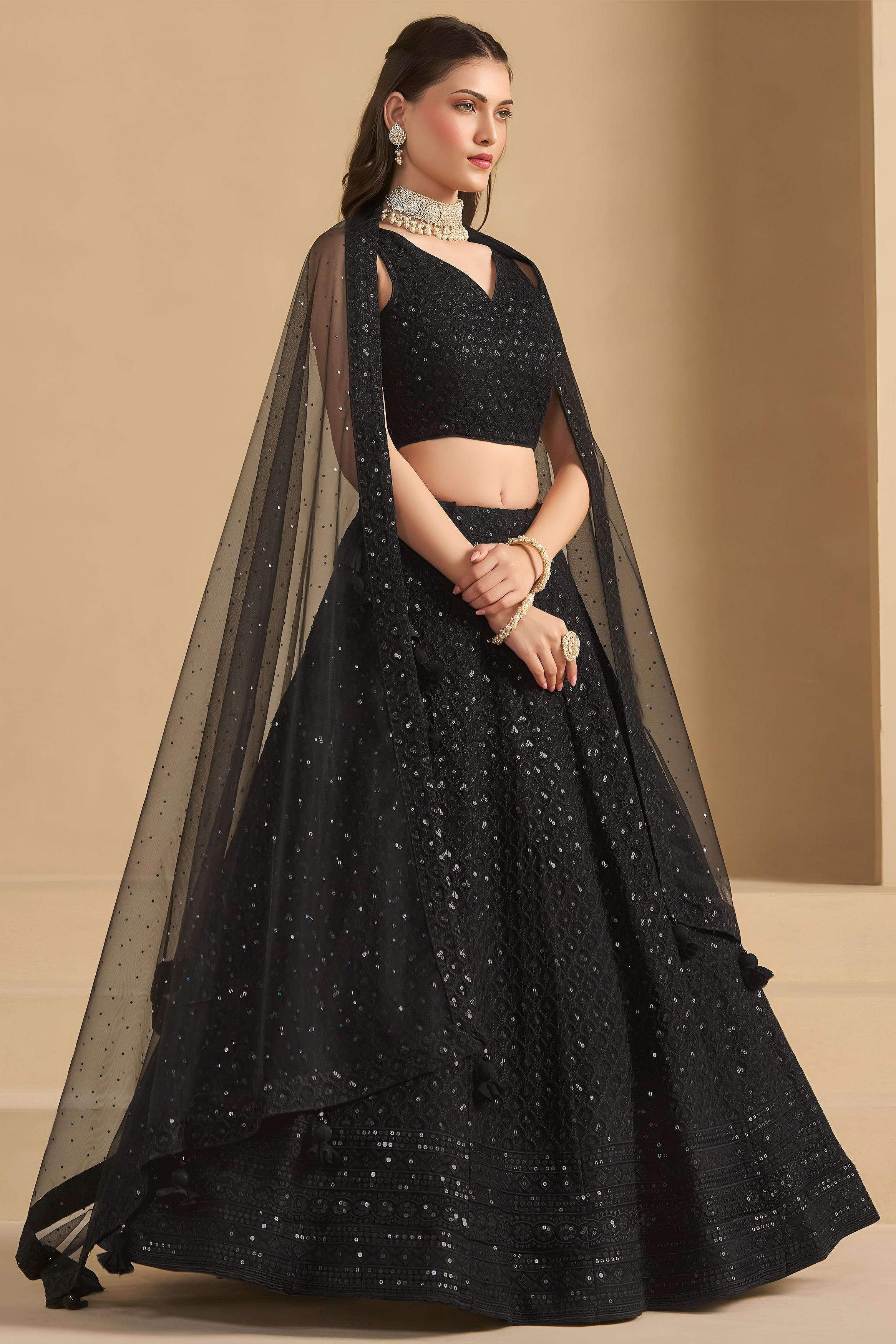 Black Georgette Lehenga Choli For Indian & Pakistani Wedding Festival - Sequins & Thread Embroidery Work