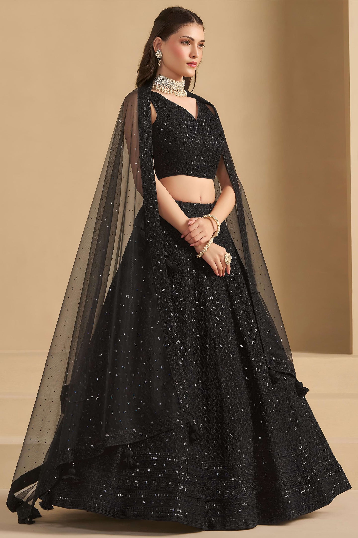 Black Georgette Lehenga Choli For Indian & Pakistani Wedding Festival - Sequins & Thread Embroidery Work