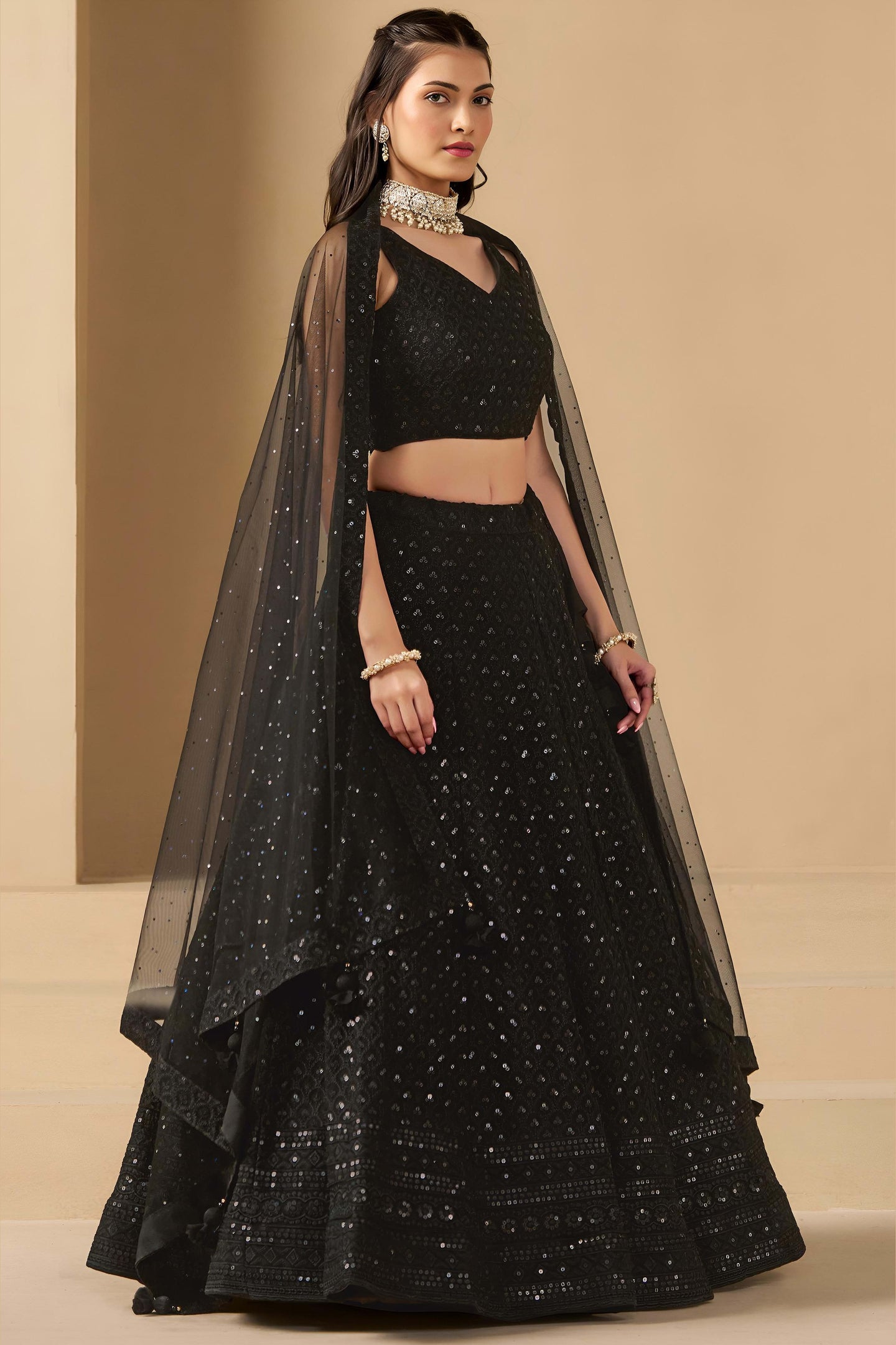 Black Georgette Lehenga Choli For Indian & Pakistani Wedding Festival - Sequins & Thread Embroidery Work