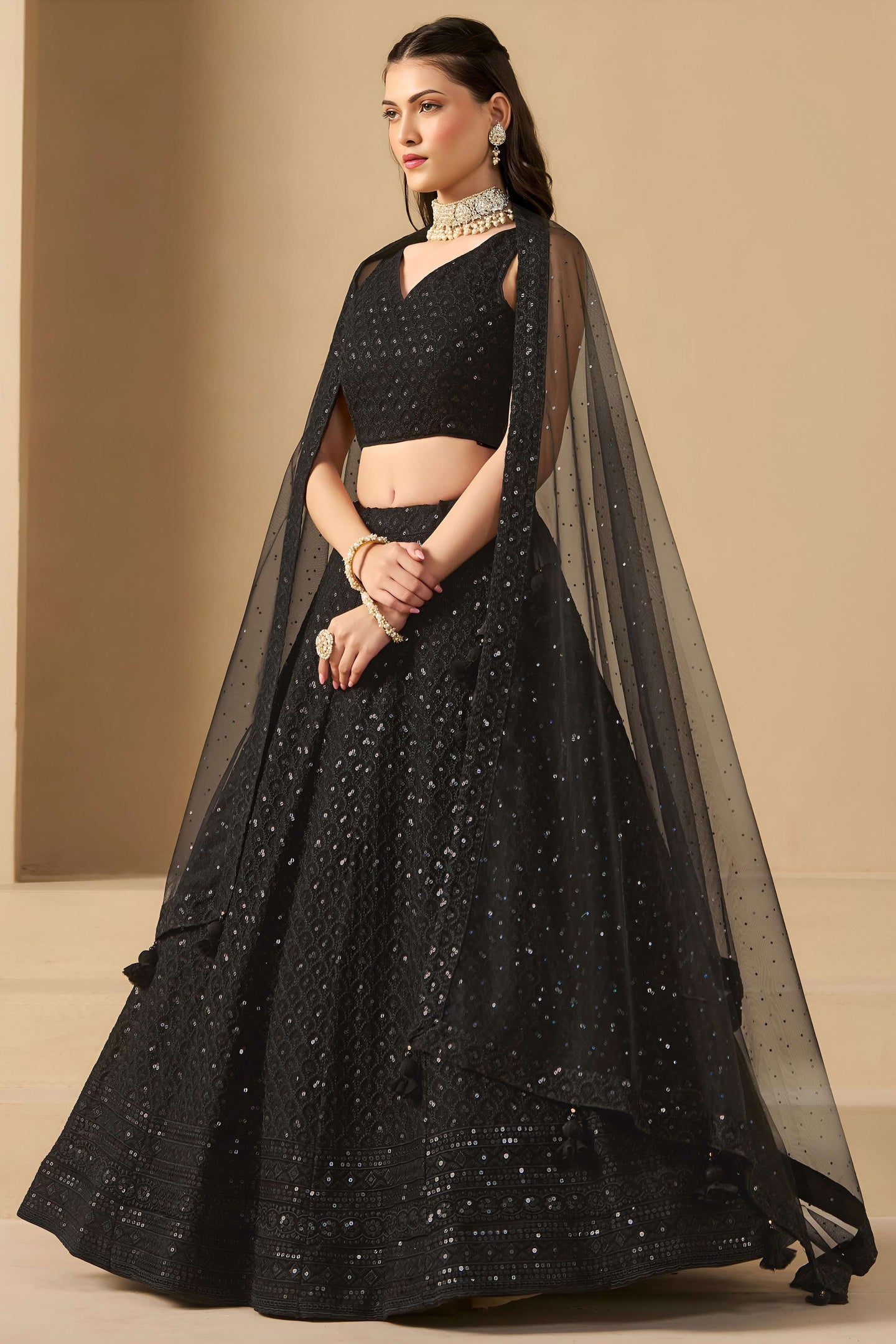 Black Georgette Lehenga Choli For Indian & Pakistani Wedding Festival - Sequins & Thread Embroidery Work