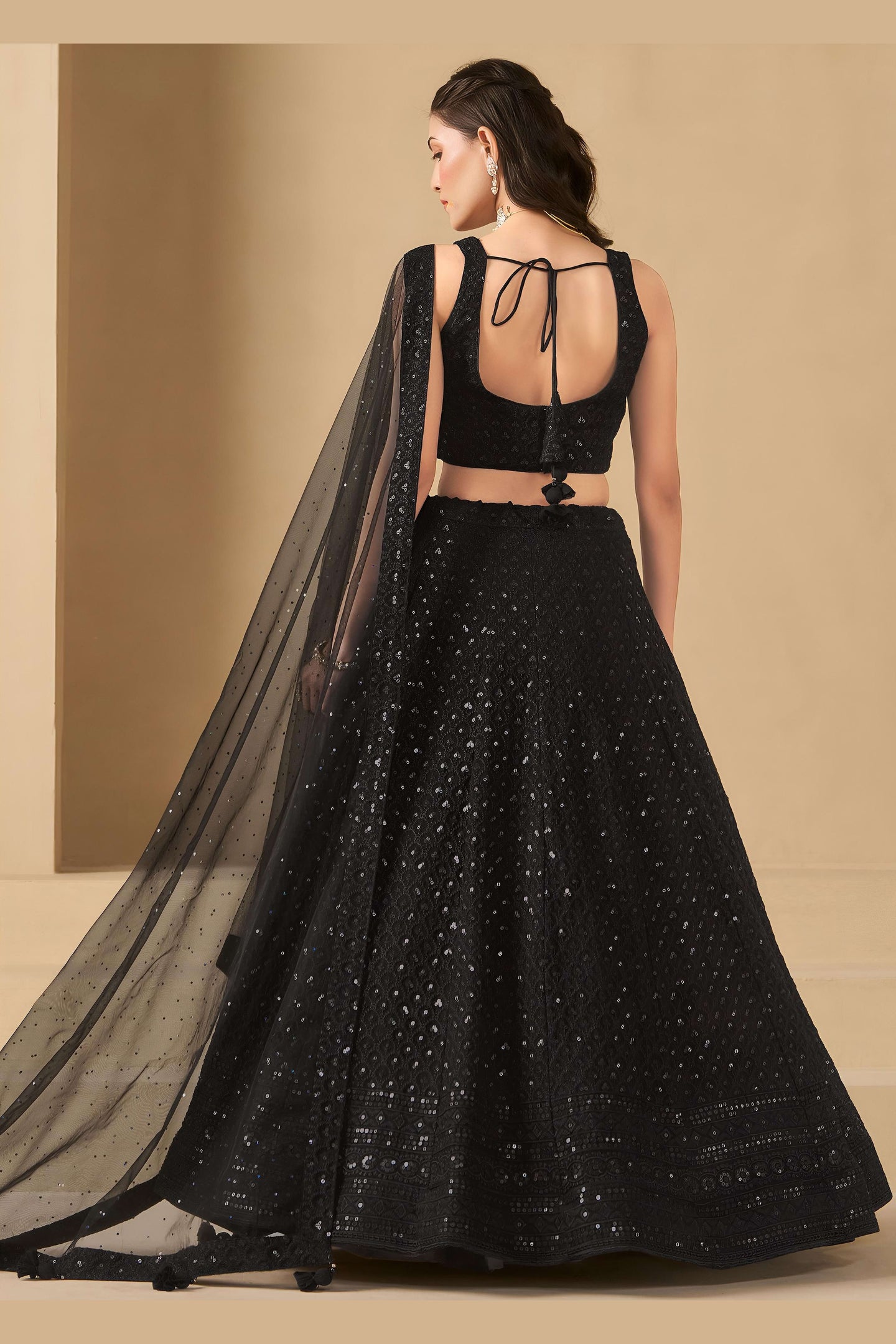 Black Georgette Lehenga Choli For Indian & Pakistani Wedding Festival - Sequins & Thread Embroidery Work