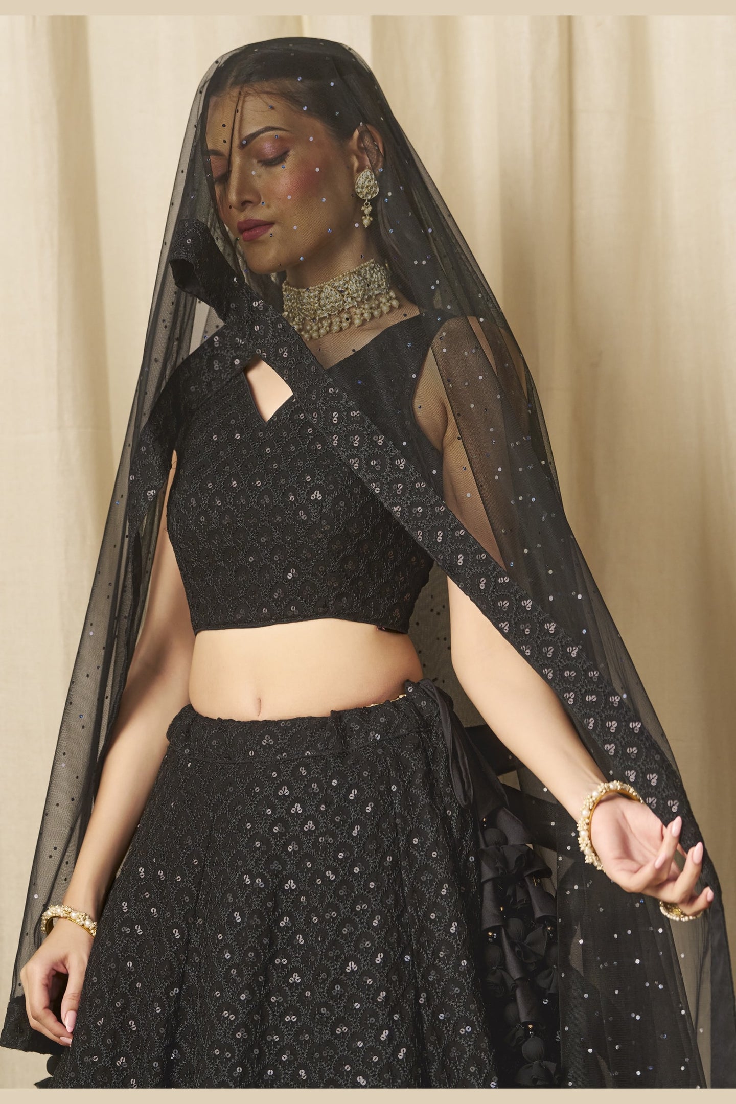 Black Georgette Lehenga Choli For Indian & Pakistani Wedding Festival - Sequins & Thread Embroidery Work
