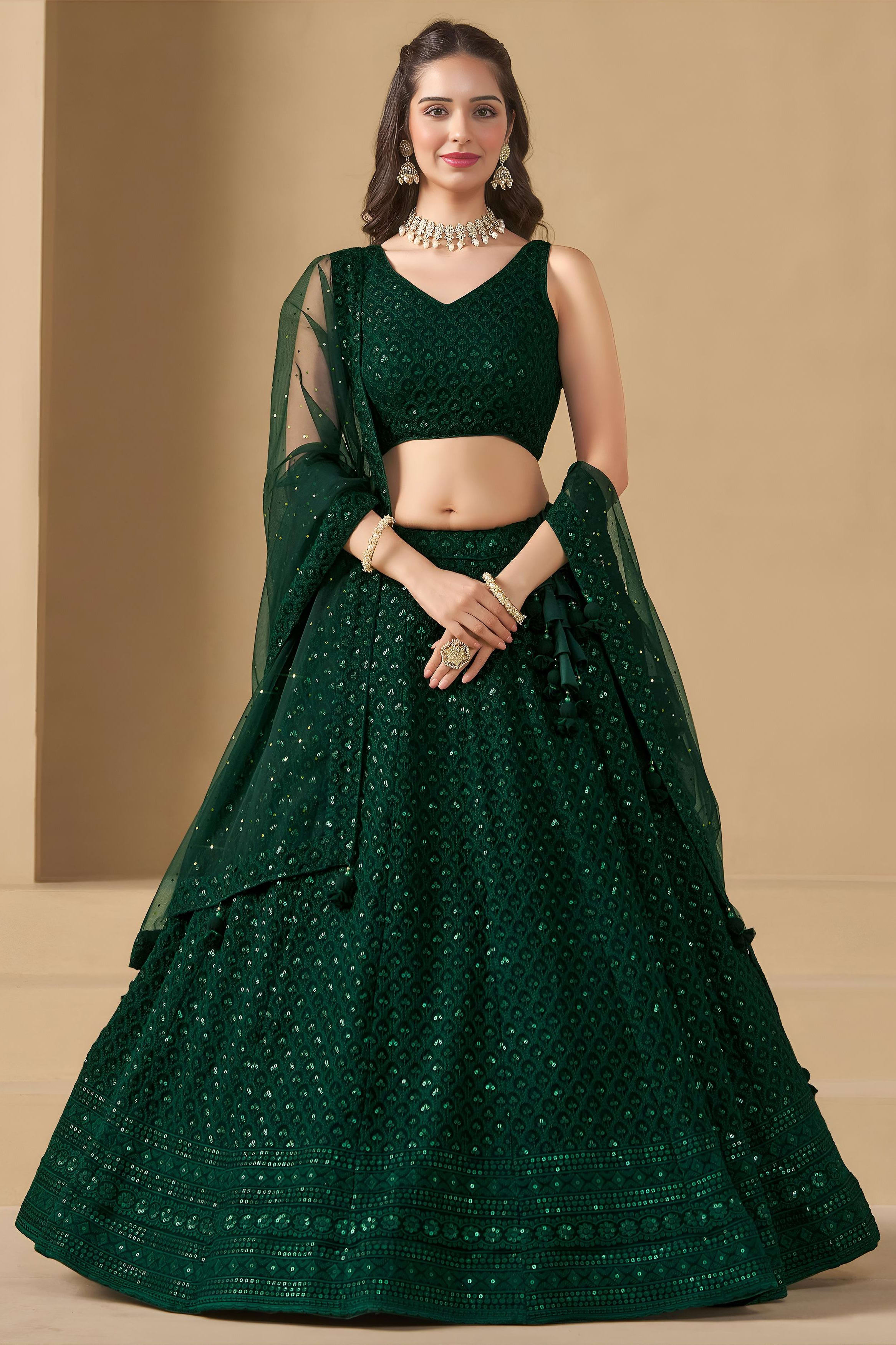 Dark Green Georgette Lehenga Choli For Indian & Pakistani Wedding Festival - Sequins & Thread Embroidery Work