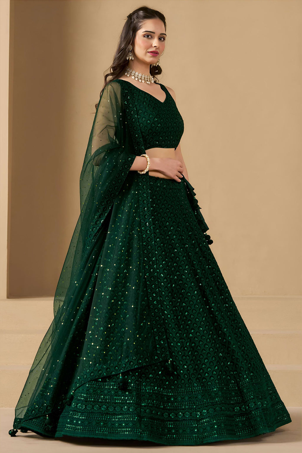 Dark Green Georgette Lehenga Choli For Indian & Pakistani Wedding Festival - Sequins & Thread Embroidery Work