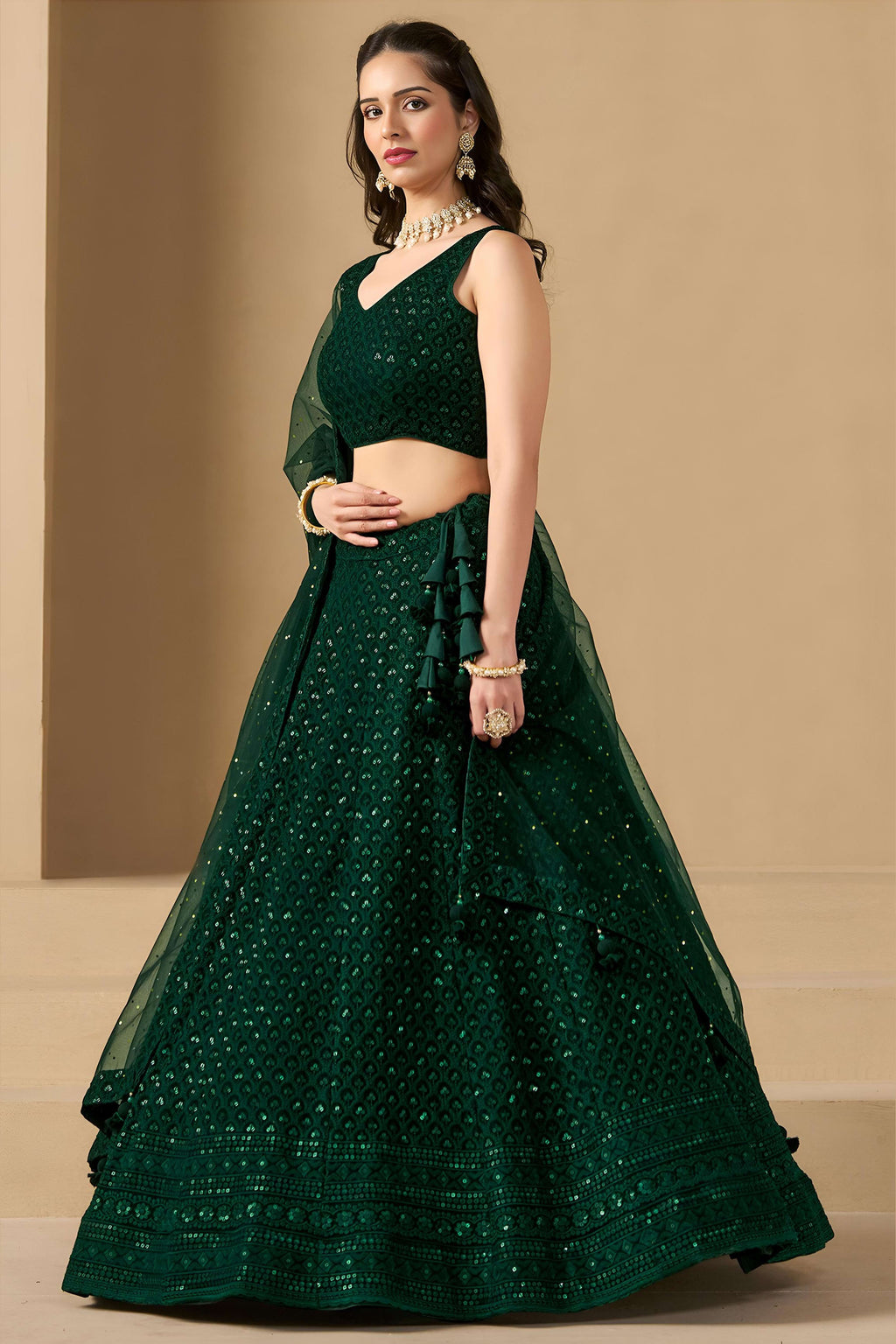 Dark Green Georgette Lehenga Choli For Indian & Pakistani Wedding Festival - Sequins & Thread Embroidery Work