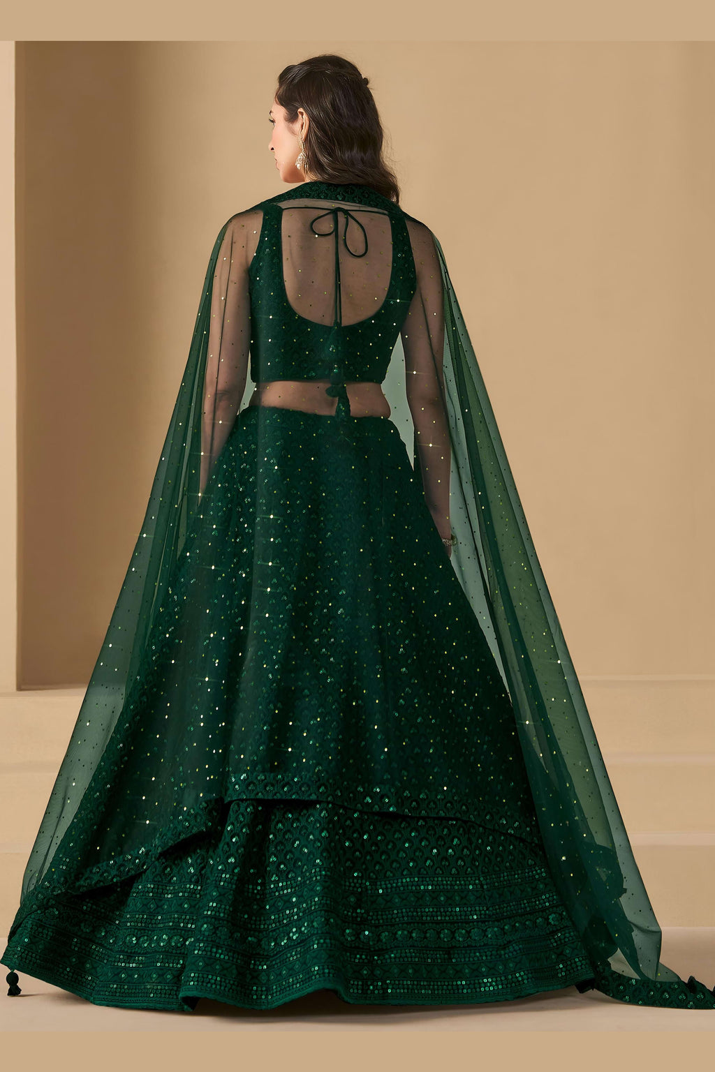 Dark Green Georgette Lehenga Choli For Indian & Pakistani Wedding Festival - Sequins & Thread Embroidery Work